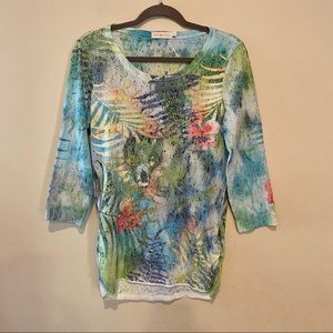 TORY BURCH TROPICAL FLORAL 3/4 SLEEVE TOP